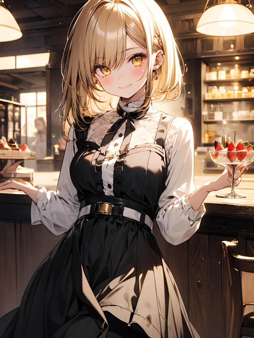 masterpiece, absurdres, best quality, ultra detailed, high Resolution, detailed illustration, extremely beautiful detailed face and eyes, bright colour, 1girl, cute face, Delicate beautiful face, yellow eyes, cute eyes, sparkling eyes, big eyes, medium breasts, (perky breasts:1.1), (pointy breasts:1.1), medium hips, glamorous body, white skin, smile, BREAK, long bob cut, (blonde hair:0.8), messy hair, detailed hair, shiny hair, BREAK long skirt, tiny ribbon, restaurant, shortcake, real world, natural lights, perfect lighting,