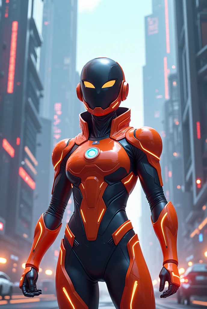 Hope full, optimistic, superhero, sci fi, tech, wearing a cool happy mask