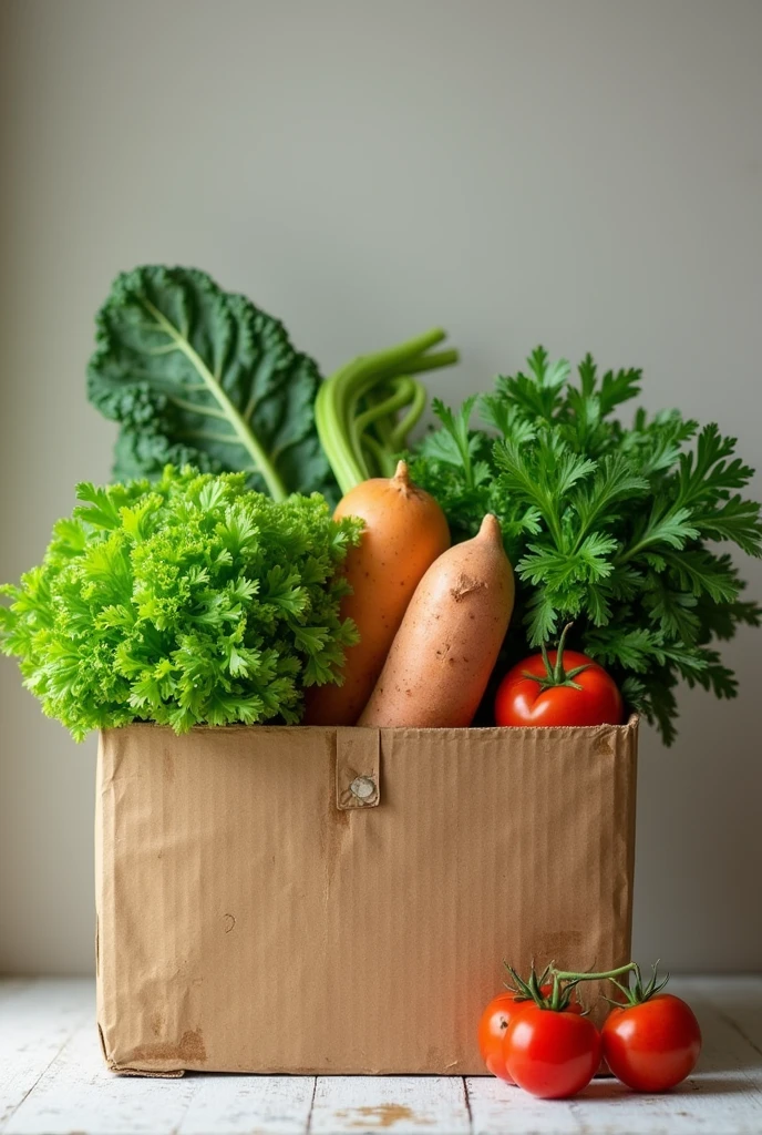 Generate an image with a cardboard box containing lettuce, kale, cilantro, sweet potato, and tomato.