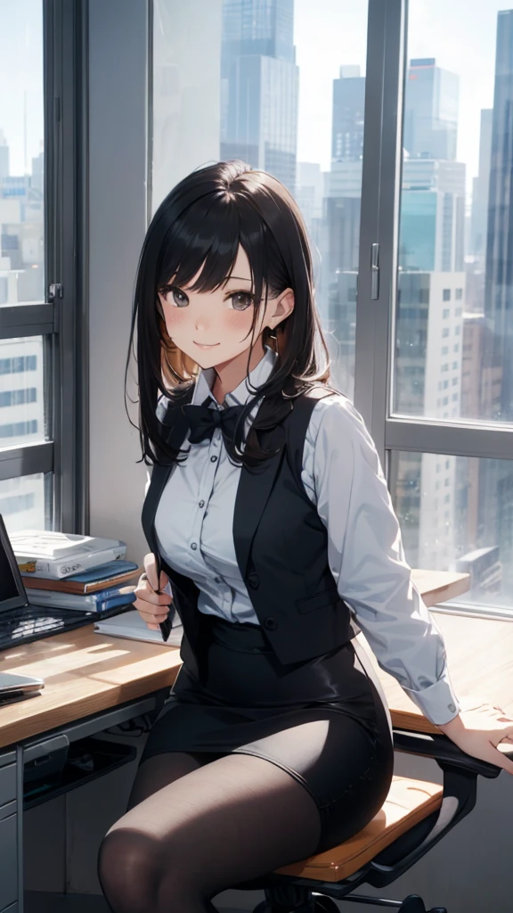 1lady sitting (crossed legs), office worker (stylish outfit), (gray vest) (pencil skirt), mature female, /(dark brown hair/) bangs, blush kind smile, (masterpiece best quality:1.2) delicate illustration ultra-detailed, large breasts, pantyhose BREAK (modern office indoors), window cityscape, detailed background