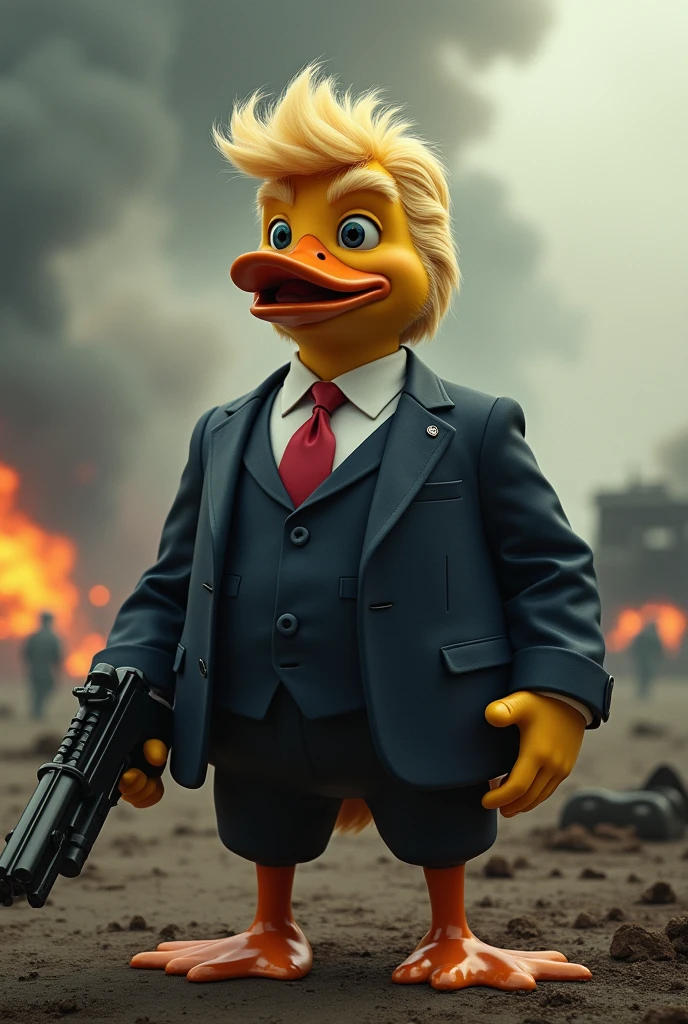 Mafia duck with hair of donald trump, battlefield background, holding a gun
