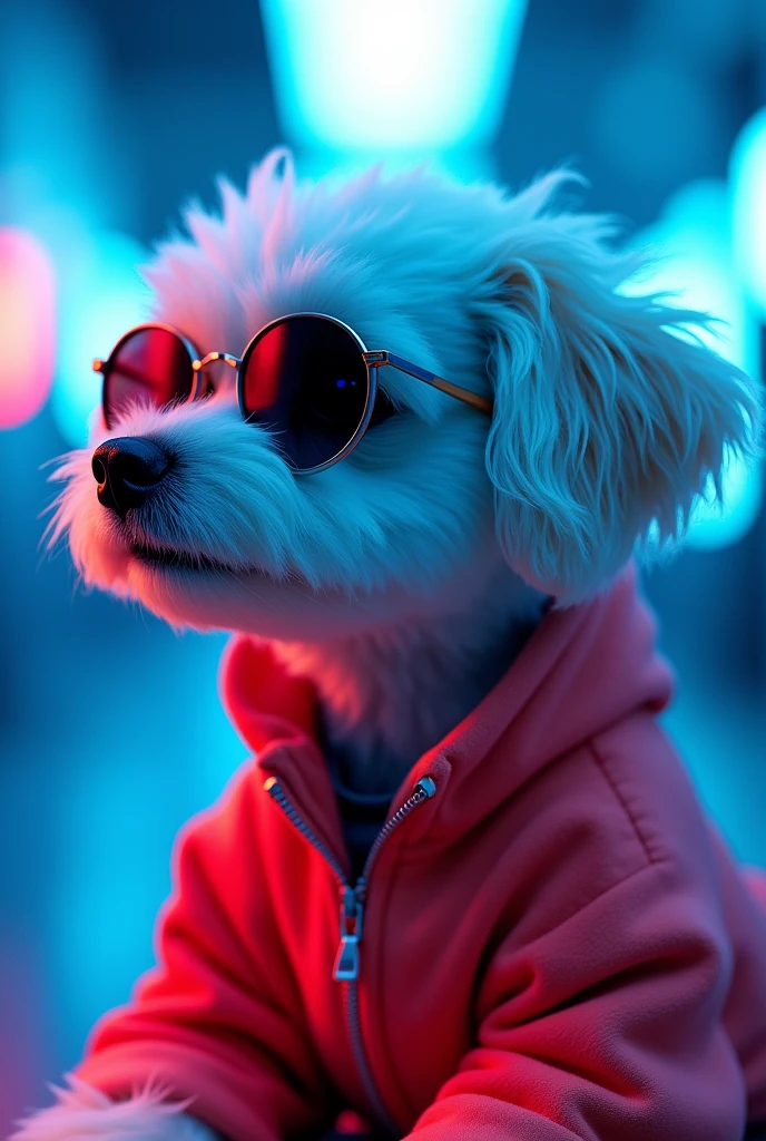 The best cell phone wallpaper, Award-Winning Wallpaper, portrait photography, In the front view is a portrait of a cute dog wearing mid-1960s space age fashion, Side view photo, Shot with Canon EOS R5, Set a strong contrast that accentuates the subject, Fluorescent blue tone, Wearing a very modern coat and sunglasses is a modern 1960s style, Clothes all in one color, beautiful background
