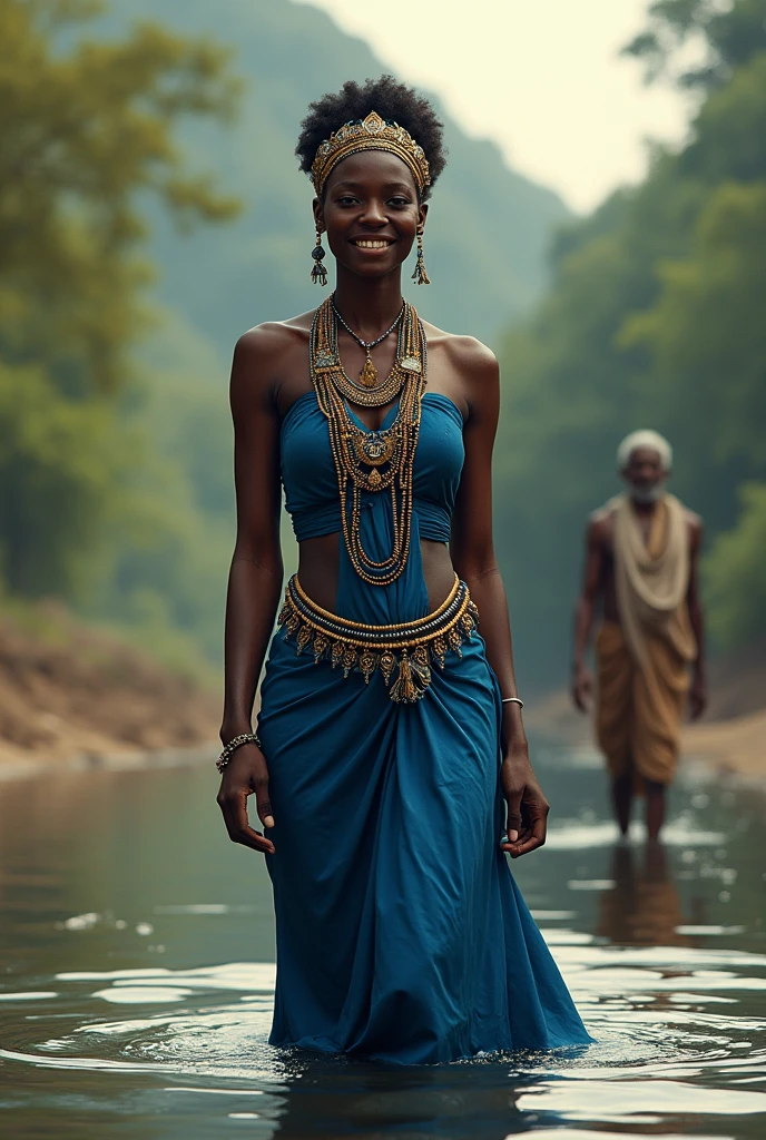 Olama Is a beautiful blind queen, she is putting on a blue dress with beads on her head and her waist representing her royalty she is dark and has a stunning smile . The picture should be in Africa way make her to appear in a river playing with water and an elderly man approach her while she was still in the river , keep her face consistent like the previous images.Was
arduous, filled with whispers of doubt and curiosity. The people who saw Olama pass wondered how a blind maiden could possibly lead them. But Olama walked with the certainty of someone who had already seen her destiny unfold in her mind's eye.