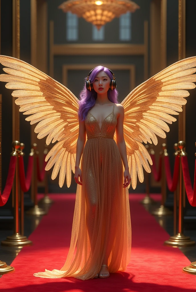 Korean butterfly woman with purple hair, wearing headphones, a gold dress and shimmering translucent brown golden wings. Elegant luxurious red carpet of the Digital Talent Awards, with golden decor and black details.
