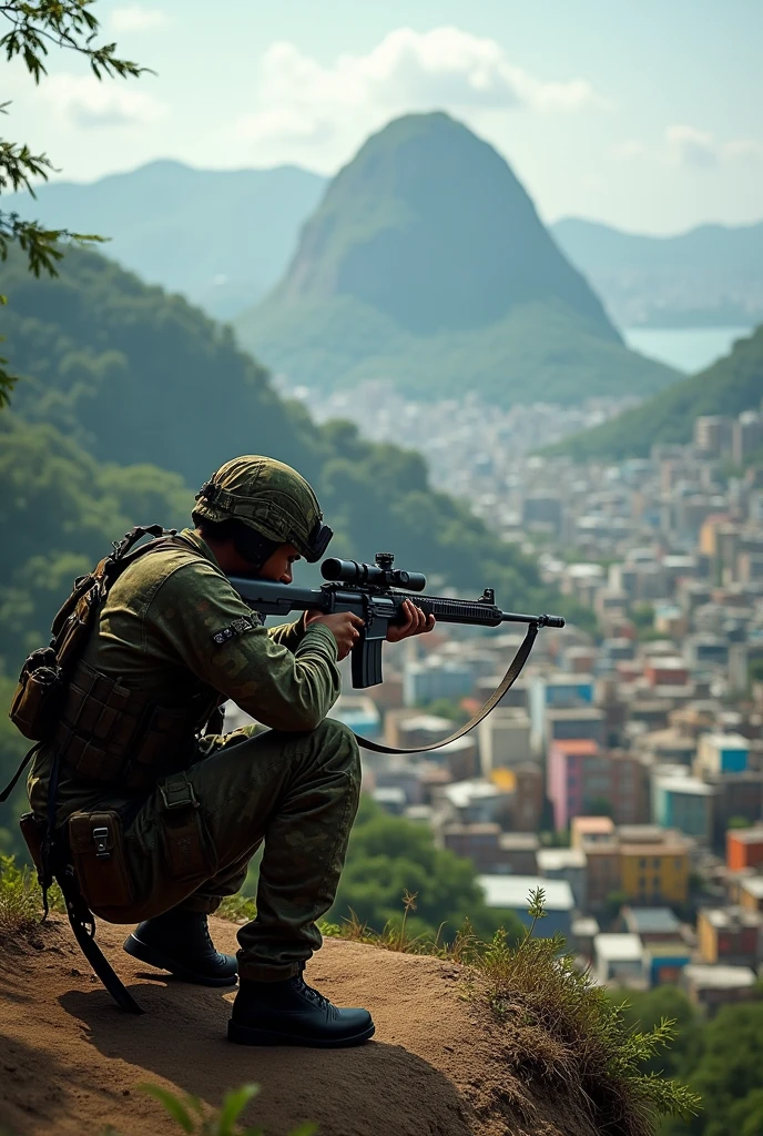 Sniper on top of the hill in the favela of Rio de Janeiro, Brazil