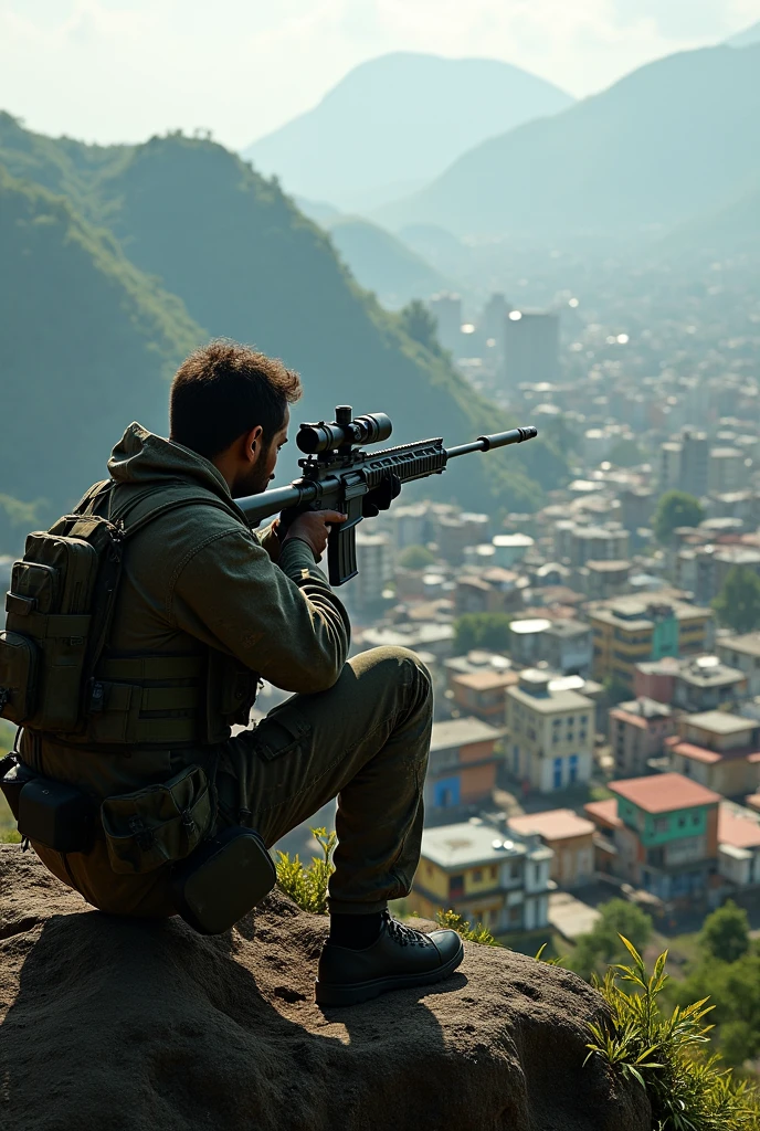 Sniper on top of the hill in the favela of Rio de Janeiro, Brazil