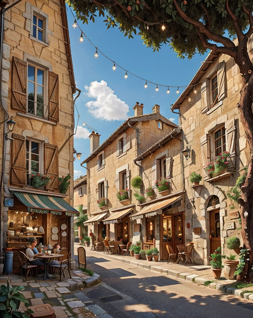 photo RAW,(traditional french cafe in the street of a small village on France. A terrace in the shade of a hundred-year-old olive tree, a friendly atmosphere around coffee and tea. "Dolce Vita"), masterpiece, award winning photography, lighting, perfect composition, high detail, hyper realistic,dramatic lighting, epic