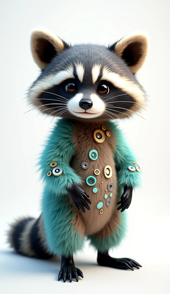 A mesmerizing 3D render of an adorable, extra fluffy baby raccoon, meticulously adorned with intricate swirls, dots, and tribal patterns. Its vibrant coat features a mesmerizing blend of cyan, mint, gold, silver, amber, and platinum hues. The raccoon stands boldly against a pristine white background, embodying a unique fashion-forward concept in the realm of imaginative creature design. The overall ambiance of the image is playful and captivating, with a touch of futuristic and surreal elements., conceptual art, fashion, vibrant, photo, 3d render