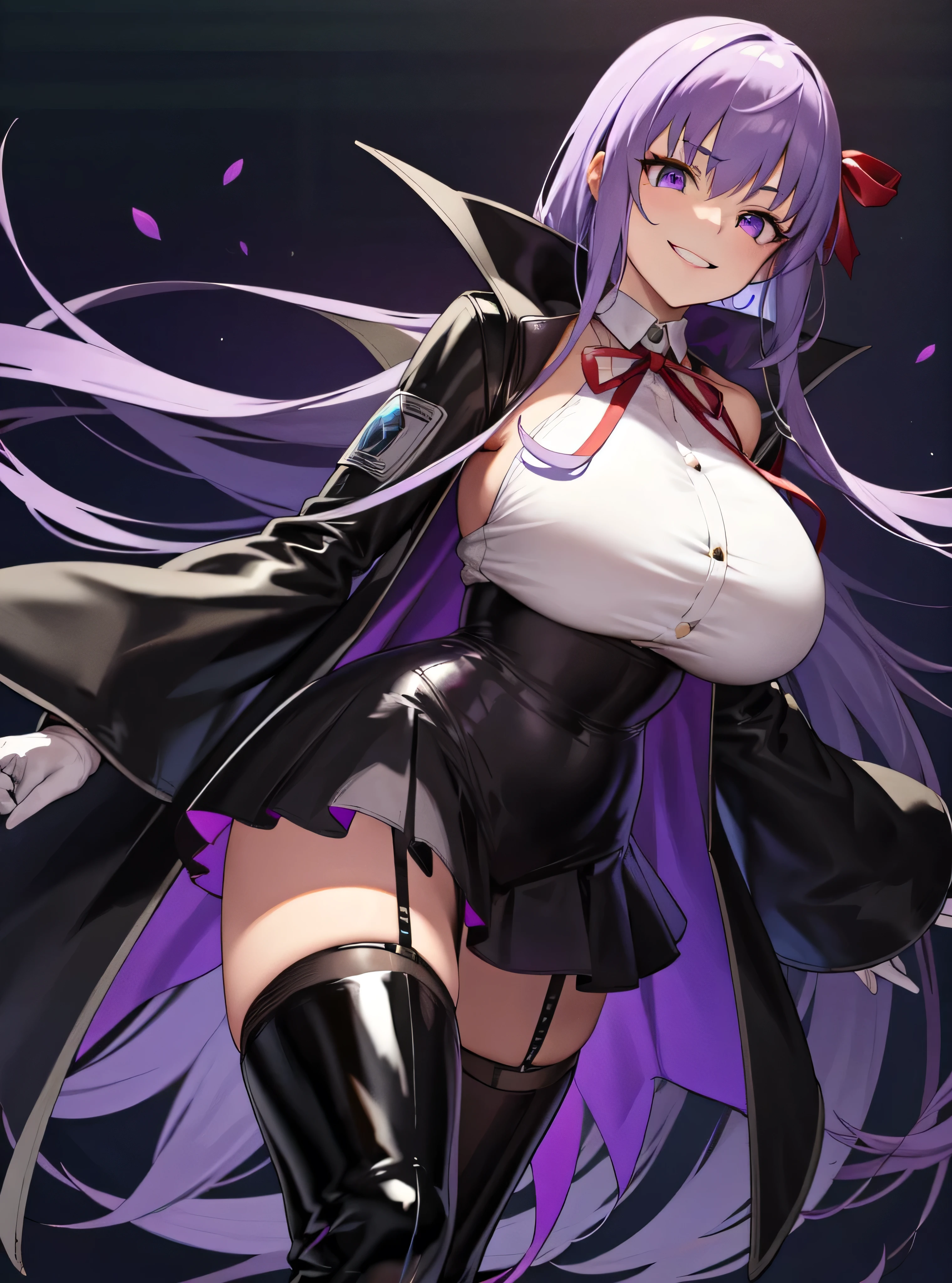 Isoscale, Mid Shot, night, ,,, Purple Hair, Black jacket, White shirt, Black Skirt, Red ribbon, Big Breasts, Purple eyes, White gloves, Long Hair, Large collar, Wicked Smile,,Thigh-high boots,(Wicked Smile:1.3),Highly detailed CG Unity 8K wallpapers, Perfect lighting,,Looking down at the viewer,,Anxious smile,Black and purple world background,deep shaded face(eyes in shadow),solo,yandere,latex,two hands, Two legs,five fingers,