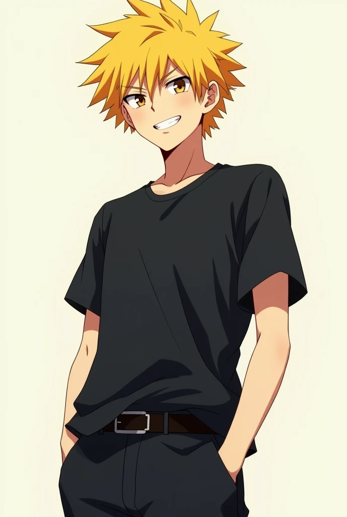 Teenage male anime character with yellow hair, black shirt, and black pants.