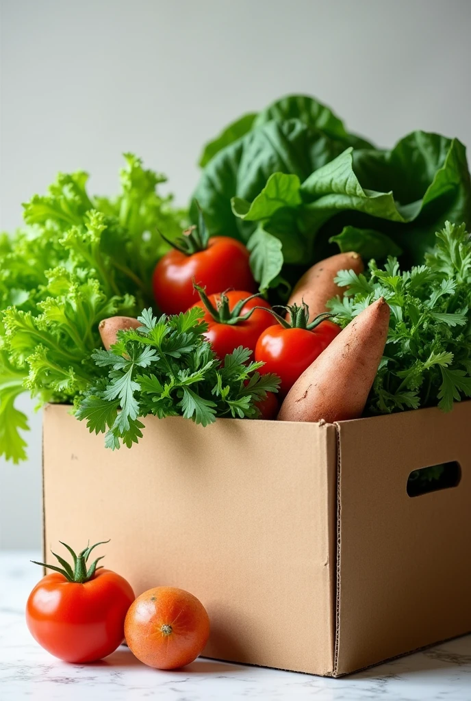 Generate an image with a cardboard box containing lettuce, kale, cilantro, sweet potato, and tomato.