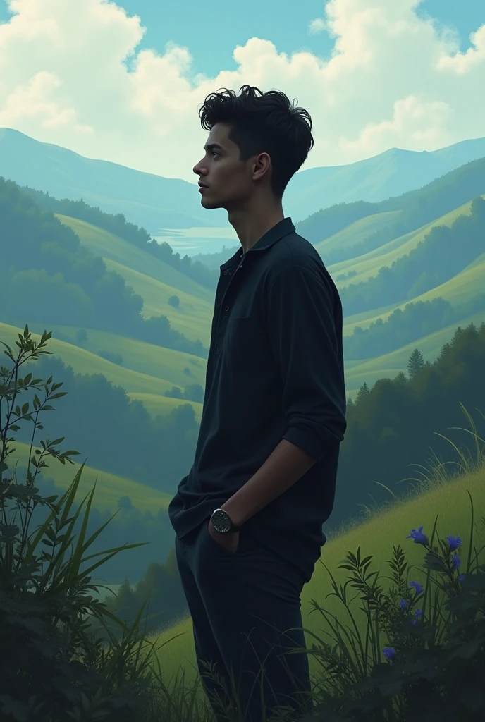 A young man wearing a black shirt looking at a landscape