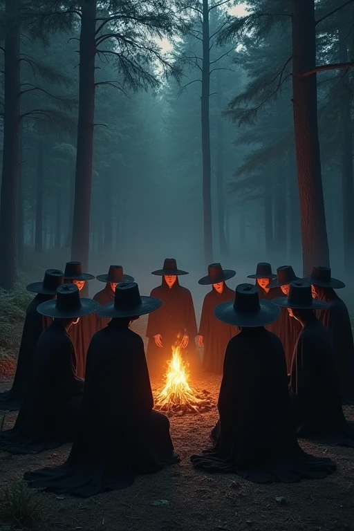 A group of young people forming a circle around a campfire dressed in black with late black hats with their backs to the forest full of trees at night