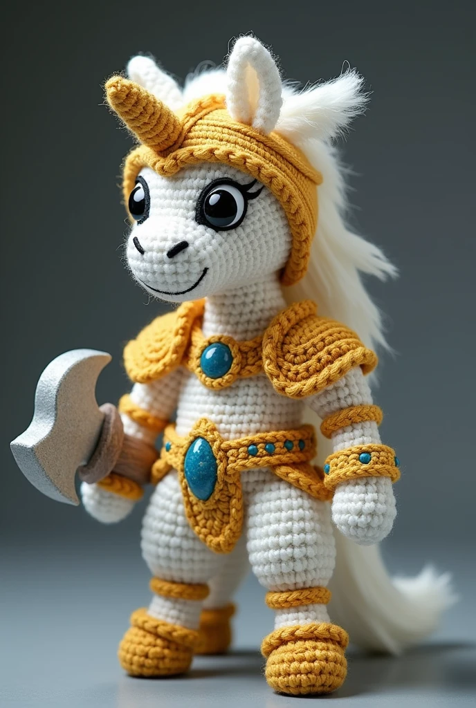 Crocheted amigurumi of the character Hylos from the game mobile legends, He is a white centaur with golden armor and a helmet with wings, he has elf features, Half human of light tea, half white horse, he carries a large axe with a blue gem, he has completely white and slanted eyes the armor is not complete, if he does not wear a bare torso and only armor over his helmets, shoulders and on his head He has a human face, with elf features, a naked skin-colored torso, the body of an adult. Melon-colored human face with Asian features 