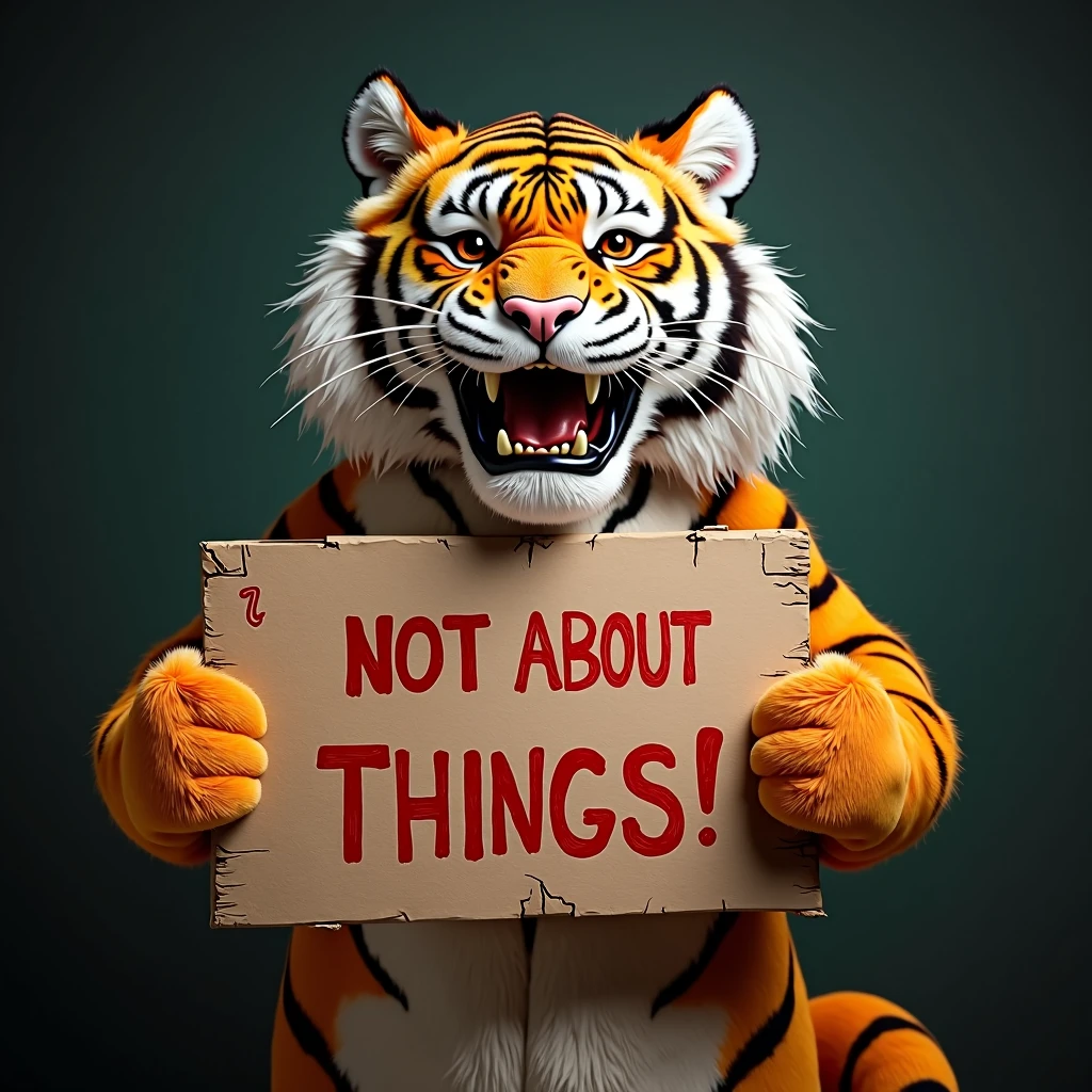 Create a tiger holding a sign saying negative things about gambling.