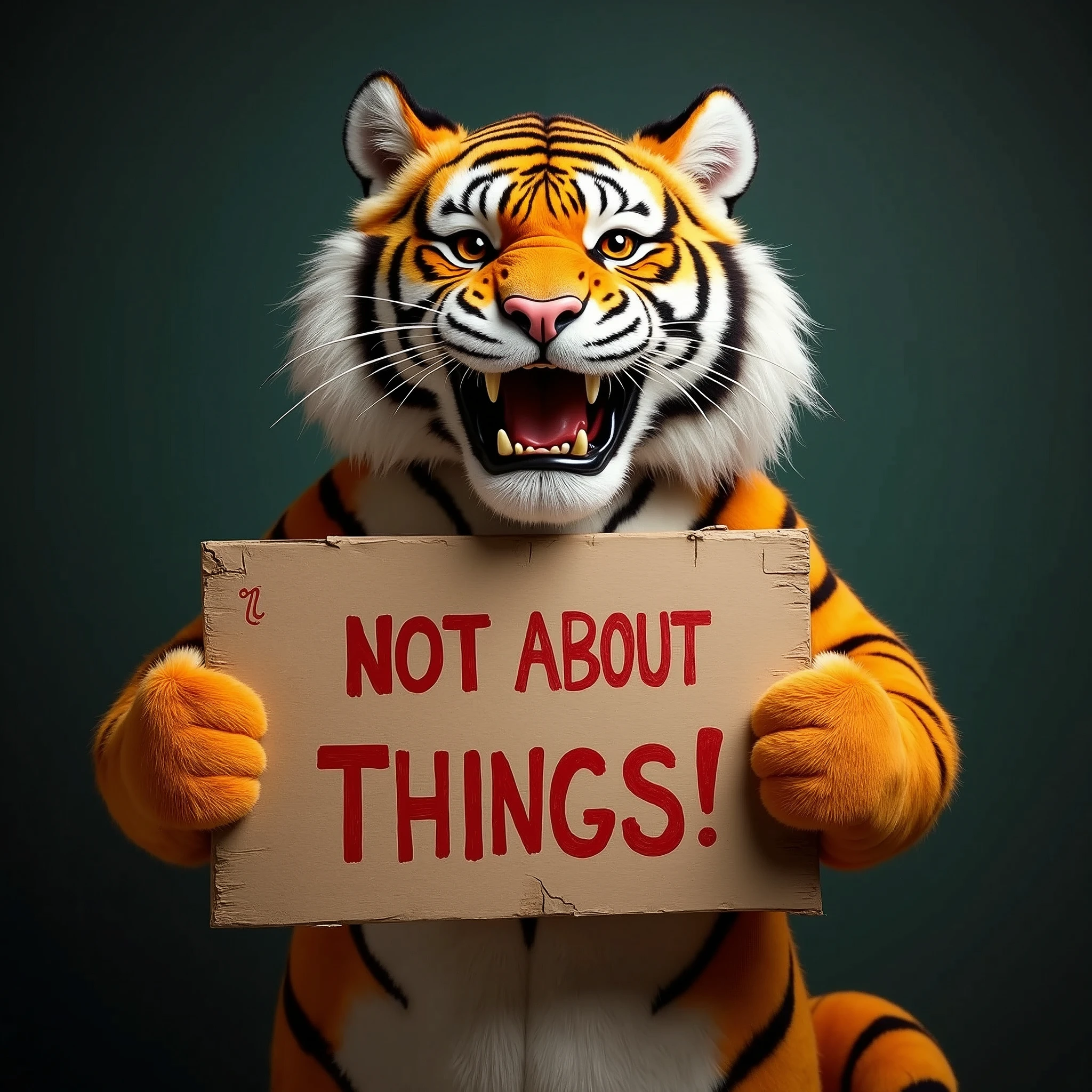  Create a tiger holding a sign saying negative things about gambling.