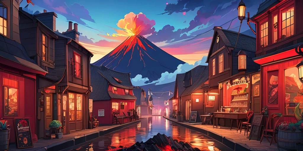 Dessinez une affiche d'anime lofi, village, volcan, Décoration Steampunk, lave, Lumière, une belle palette de couleurs en noir rouge, couleurs saturées vibrantes, ouvrages d'art, les jours, thème animé