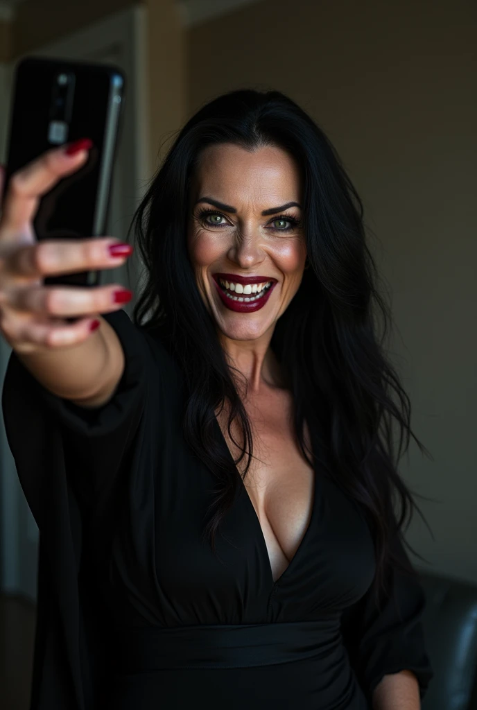 Female dominatrix aged 60, thin very white wrinkles, pose for selfie not Instagram, black gown, smiling showing teeth, heavy makeup with long black hair and black eyes looking at the camera, detailed photo, realistic lighting, top quality real skin: 1.4, Enhanced cinematic lighting: 0.9,hyperrealisti: 1.4, (soft lighting: 1.05) moving figure, sexy dominant pose, domination, mistress, BDSM