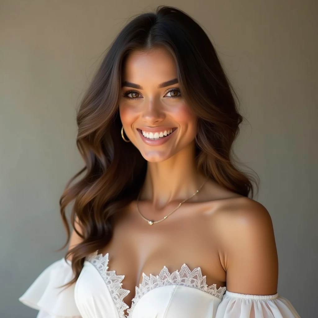 Brune, Brown eyes, white dress, faussette, grand frond, ssmile