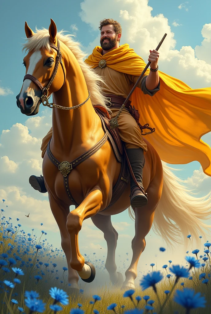 Powerful looking hefty male, wearing copper coloured clothes, holding a stick on left hand and rosar in right hand, golden yellow cloak, riding a golden flying horse through gust of blue dandelions, loving smile and kind eyes