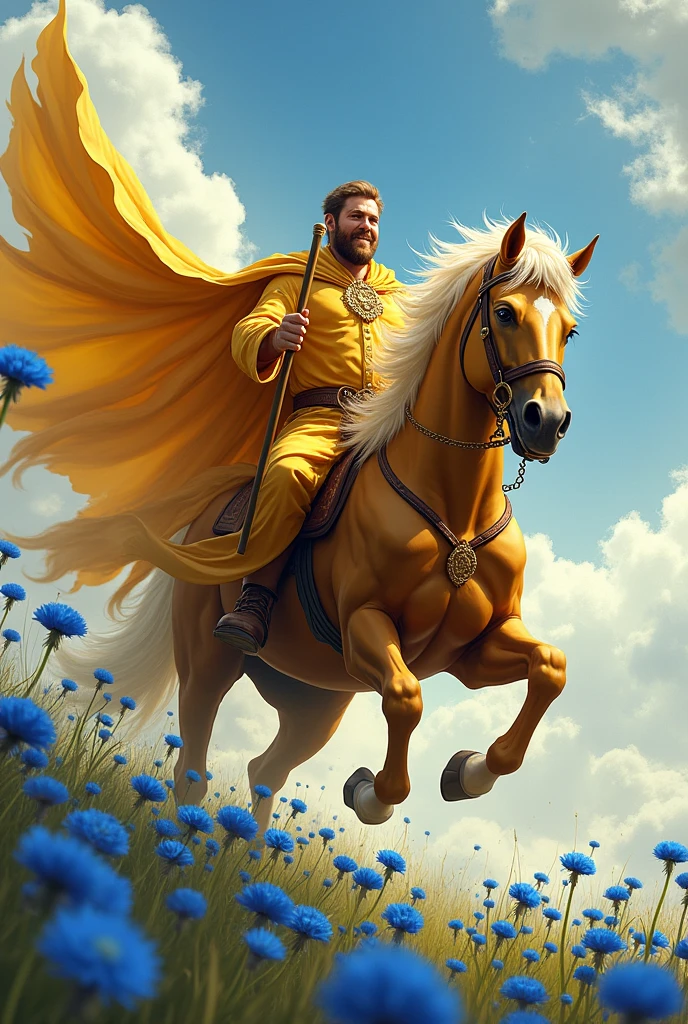 Powerful looking hefty male, wearing copper coloured clothes, holding a stick on left hand and rosar in right hand, golden yellow cloak, riding a golden flying horse through gust of blue dandelions, loving smile and kind eyes