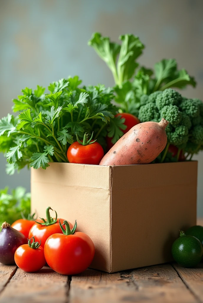 Generate an image with a cardboard box containing lettuce, kale, cilantro, sweet potato, and tomato.