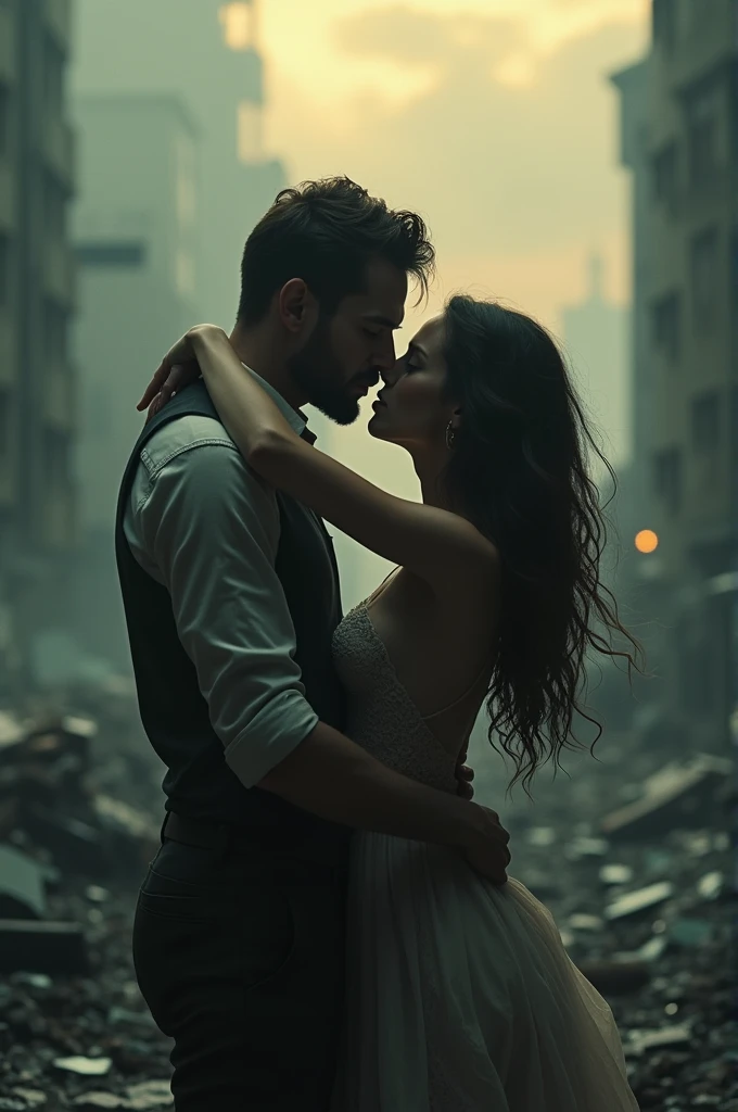 Two lovers kissing in the nuclear apocalypse