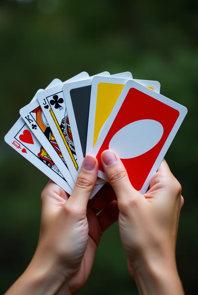 A hand holding playing cards and Uno cards