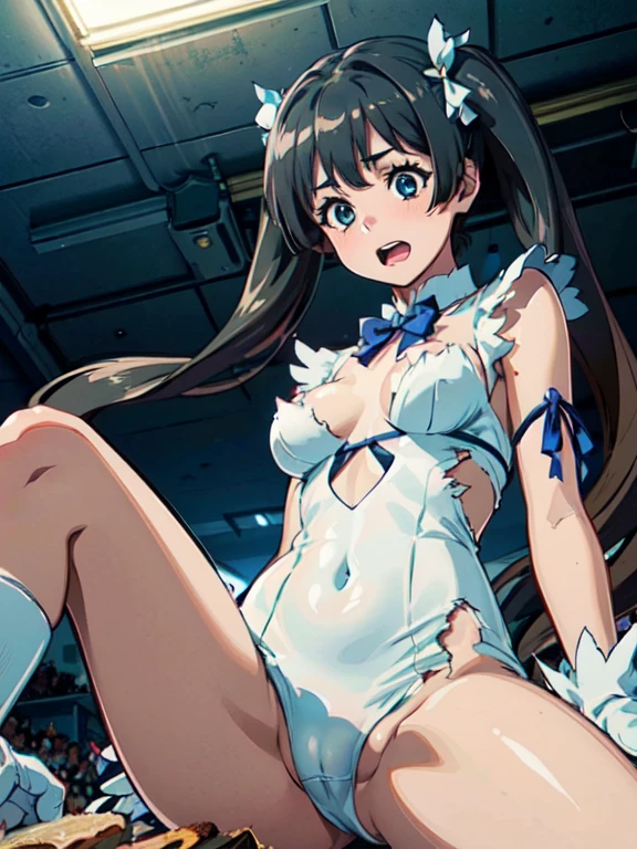 (High resolution:1.4), (masutepiece:1.2), (High quality:1.3) 1girl, saten ruiko, green eyes, long hair, black hair, small breast, (hestia, rei no himo, breasts, long hair, blue ribbon, twintails, gloves, ribbon, dress, rei no himo, blue eyes, black hair, white gloves, cleavage, white dress, hair ribbon, bow, sleeveless, sleeveless dress, bangs, cleavage cutout, hair ornament, bowtie, clothing cutout, very long hair, covered navel, arm ribbon),, cinematic lighting, pov, dynamic angle, open mouth, comiket_cosplay_Hiroba comiket_cosplay, N4, nsfw, torn clothes, cloth pieces, nipples,