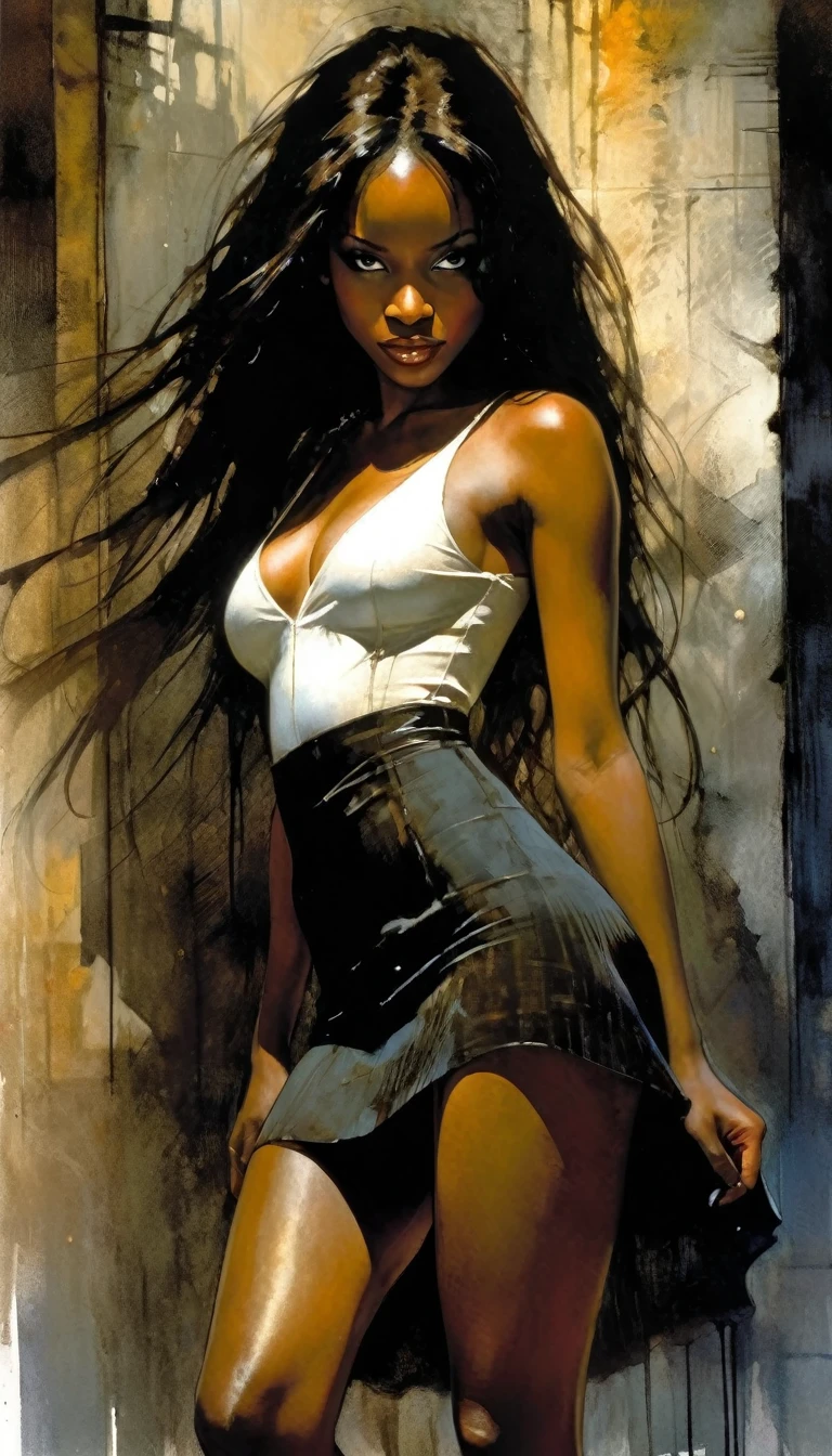 on the city street, in front, very sexy girl, Colombian, black skin, long hair, wearing a sexy dress, looks at us, smiles.  She lifts her skirt and shows her panties,eroticism, sexy, black and white image, between shadows, oil painting, chiaroscuro, sensual, dramatic lighting, moody atmosphere, photorealistic, intricate details, masterpiece, ultra-detailed, high quality, 8k, best quality, realistic, cinematic, dark and brooding, expressionistic, powerful composition, emotional impact, art inspired by Bill Sienkiewicz and Dave McKean
