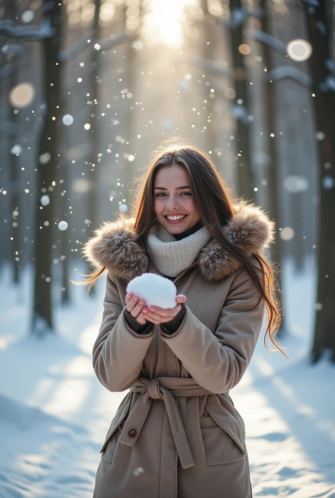 "In a snow-covered forest in winter, a moment when a young and beautiful woman is playing snowballs in a thick coat. A detailed photo of natural light filtering through the trees with sparkles on the snow."

