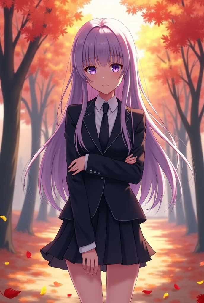 An anime girl with purple eyes and long, loose lilac hair, wearing a formal black outfit with a black miniskirt, standing in the middle of an autumn landscape with trees.