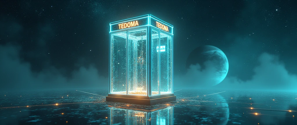 Há uma cabine telefônica flutuando no universe, planetes, Star dust, contrasting colours, yellow, purple, cerulean, poeiras do space, stele, Eye of God, rendered in keyshot, police station, futuristic cabins, cabine no estilo TRON LEGACY, luzes nas cores cerulean e dourada, cabin made of glass, transparent cabins, universe, space sideral, represented as a 3D rendering, 3D rendering beep, space, phone booths, TEDOMA written at the top of the cabin, promotional rendering, sci-fi magic highly detailed.