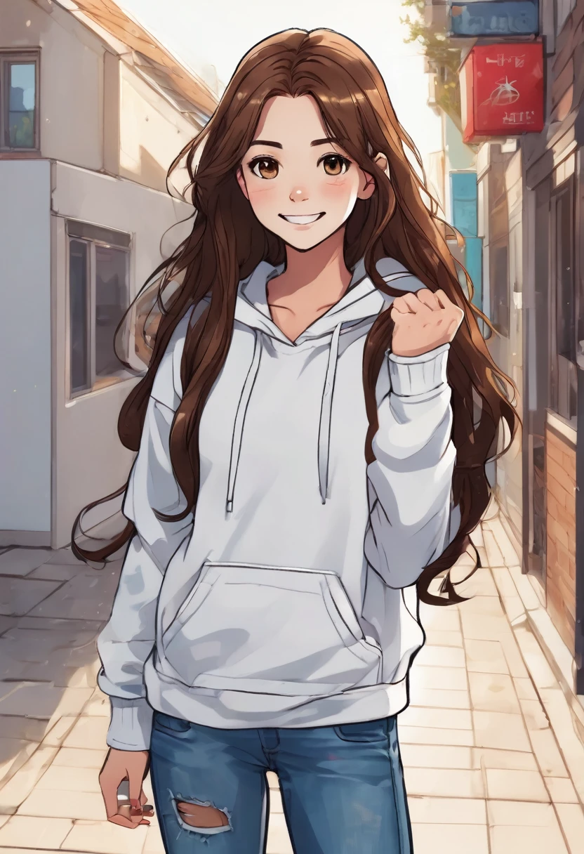 a thin long-legged girl with very long brown hair and mischievous hazel eyes, dressed in basic jeans, sneakers, and a white hoodie, looking joyful, cheerful, and friendly, a trustworthy best friend, full body shot, kind cheveux ondulés
