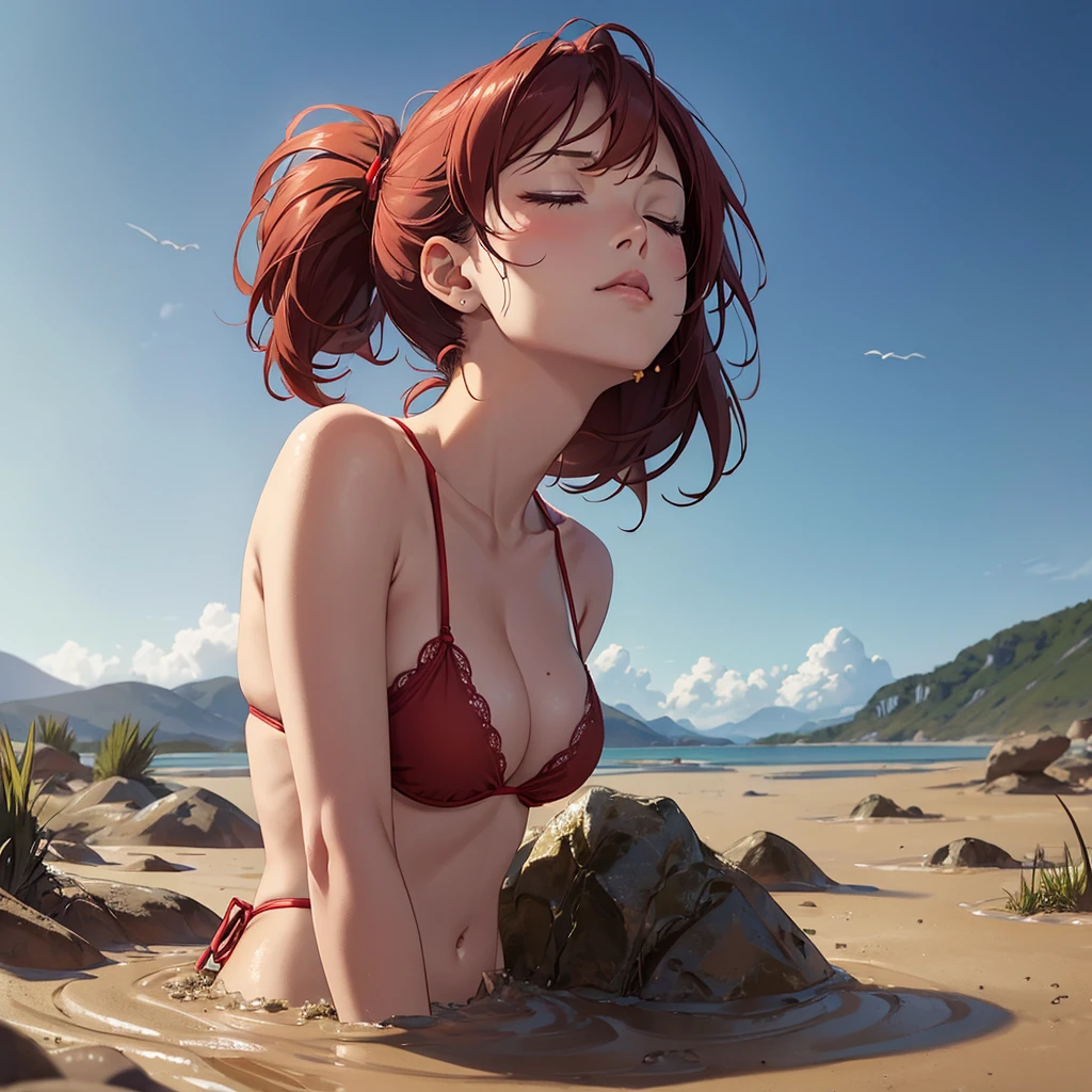 1girl, solo:1.5, masterpiece, best quality, high res, highly detailed, (illustration), beautiful detailed eyes, yuigahama yui, red hair ponytail, glossy lips, light makeup, orgasm, (looking up to the sky:1.5), intimate moment, wearing a string bikini, cleavage, (quicksand:1.4), (from side:1.4), bog, swampy, grassy, (eyes closed:1.3), gasping