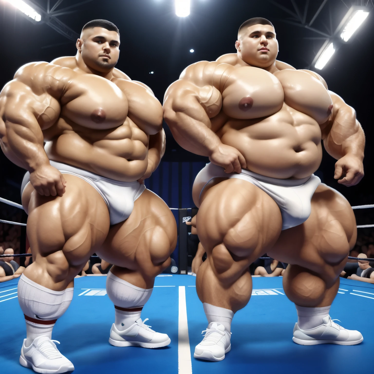 HQ photo, detailed faces, full body view, two shirtless beerbellied over-muscular bloated white european heavyweights males with undercut clean haircuts, lycra jumpsuits, white socks and Nike air max sneakers, overfed like obese gorets, over-muscular and fatly obese, posing flexing over-inflated triple-biceps before they fight in an fight club cage match