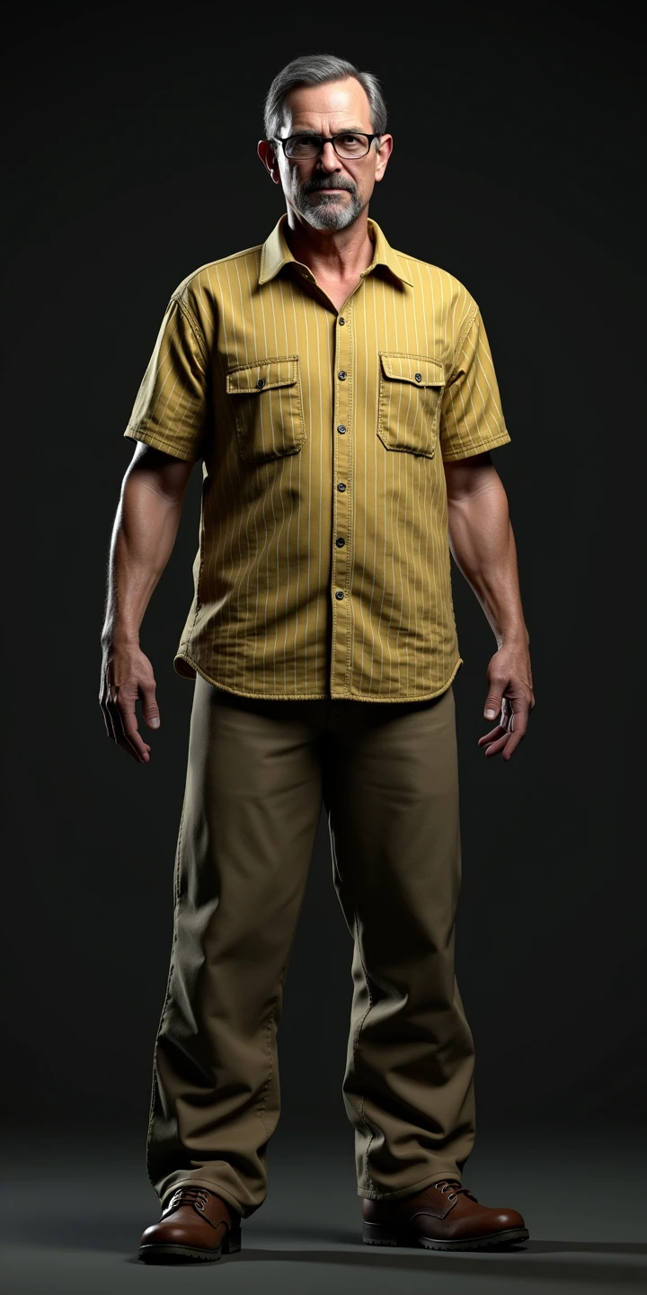 Generate an ultra HD 4k image of Jack Baker from Resident Evil BIOHAZARD with Xbox One Enhanced graphics using the RE Engine. Jack is 55 years old, with a bald spot on his head and some hair remaining around the top. His short, straight dark gray hair, glasses, and facial wrinkles are clearly visible. He has his original short beard and distinctive curvy bottom lip. He is wearing his original outfit: a yellow striped button-down shirt, light tan pants, and brown work boots (Tims). The image should reflect the realism and detailed textures of the game, capturing the intensity and atmosphere of Resident Evil.
