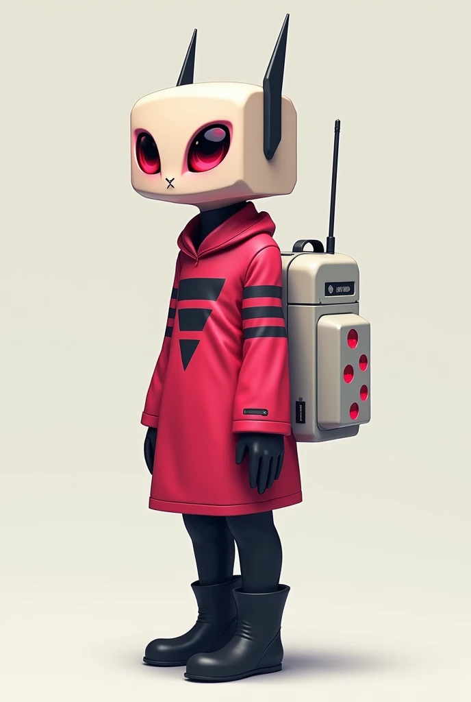 a short alien with a square-shaped head, large ruby alien eyes, and black antennae on his head. no ears no nose. he continues to wear the standard uniform: a red tunic-like garment with three black stripes and a triangular pink collar and sleeves, as well as black boots, leggings, and gloves. His PAK is light gray with pink spots.