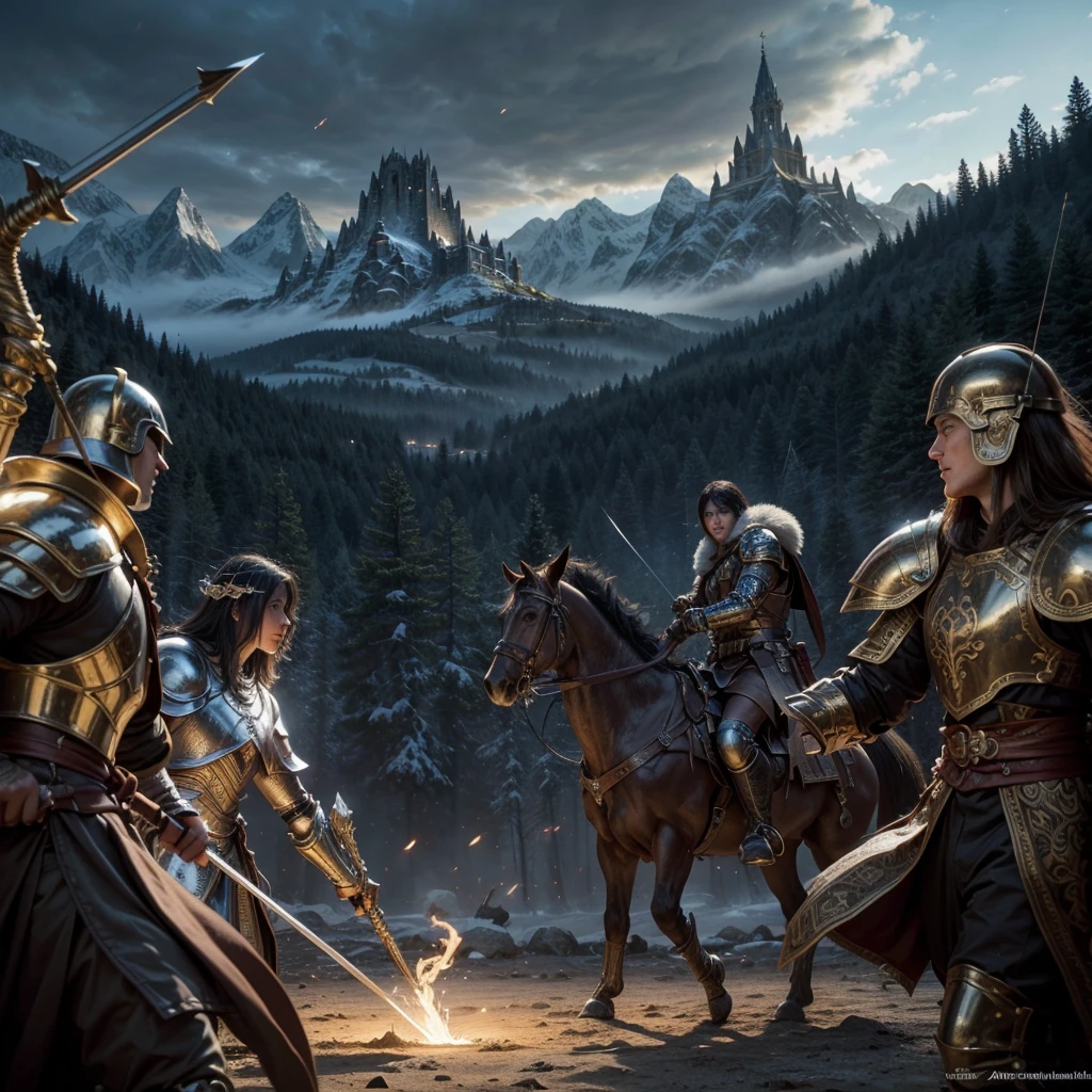 Create an epic image depicting a group of Perfect World characters in a battle scene. At the center, a Warrior clad in heavy plate armor with gold accents, holding a large two-handed sword in an attack position. on your right, an Archer with a longbow ready to fire an arrow, wearing light leather and cloth armor. To the left of the Warrior, a Mage in ornate robes, hands glowing with magical energy, ready to cast a powerful spell. Behind them, a Cleric with medium metal and leather armor, holding a sacred staff, ready to heal and protect his allies. Ao fundo, a fantastic landscape with mountains, forests and a dramatic sky, with the presence of mystical creatures and ancient ruins.