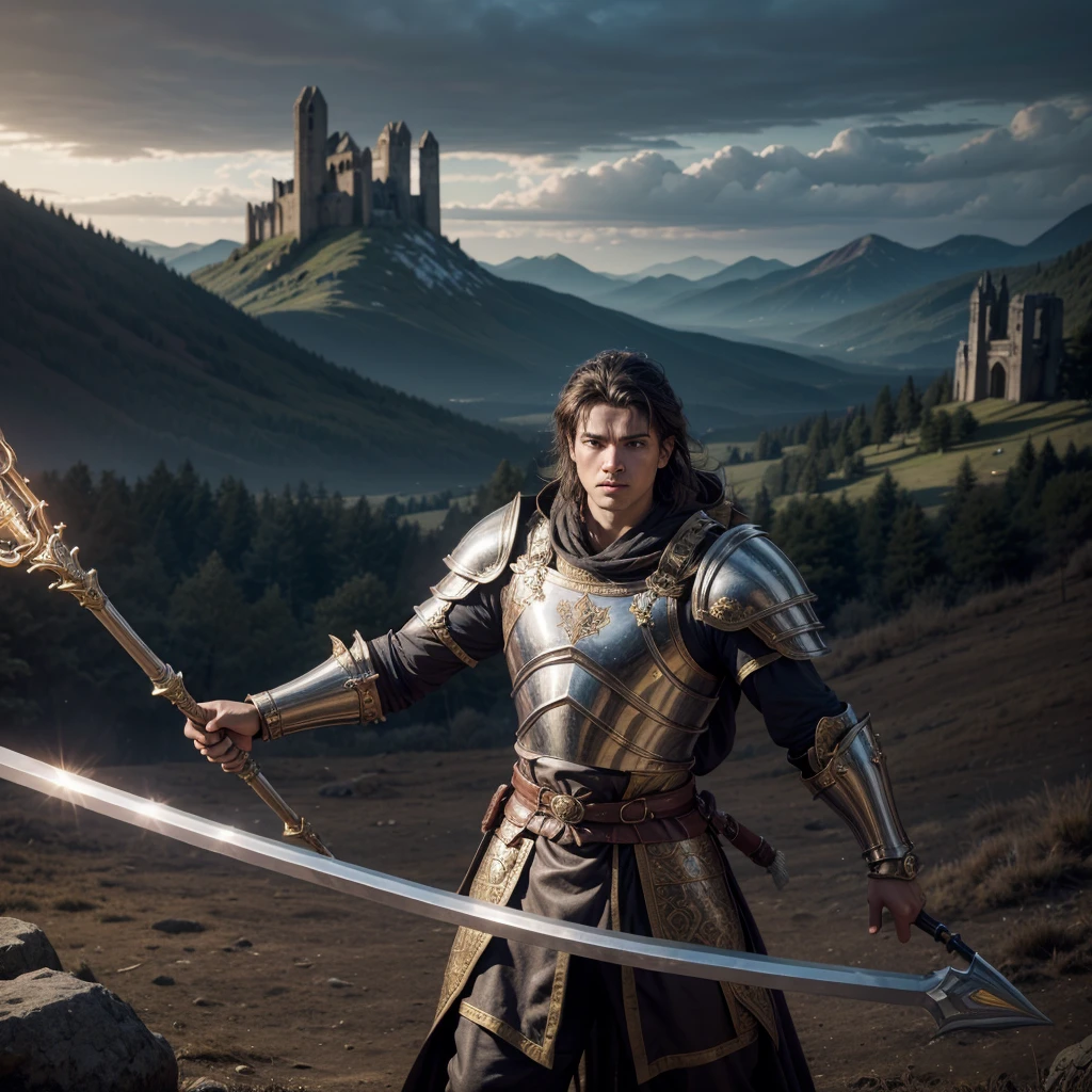 Create an epic image depicting a group of Perfect World characters in a battle scene. At the center, a Warrior clad in heavy plate armor with gold accents, holding a large two-handed sword in an attack position. on your right, an Archer with a longbow ready to fire an arrow, wearing light leather and cloth armor. To the left of the Warrior, a Mage in ornate robes, hands glowing with magical energy, ready to cast a powerful spell. Behind them, a Cleric with medium metal and leather armor, holding a sacred staff, ready to heal and protect his allies. Ao fundo, a fantastic landscape with mountains, forests and a dramatic sky, with the presence of mystical creatures and ancient ruins.