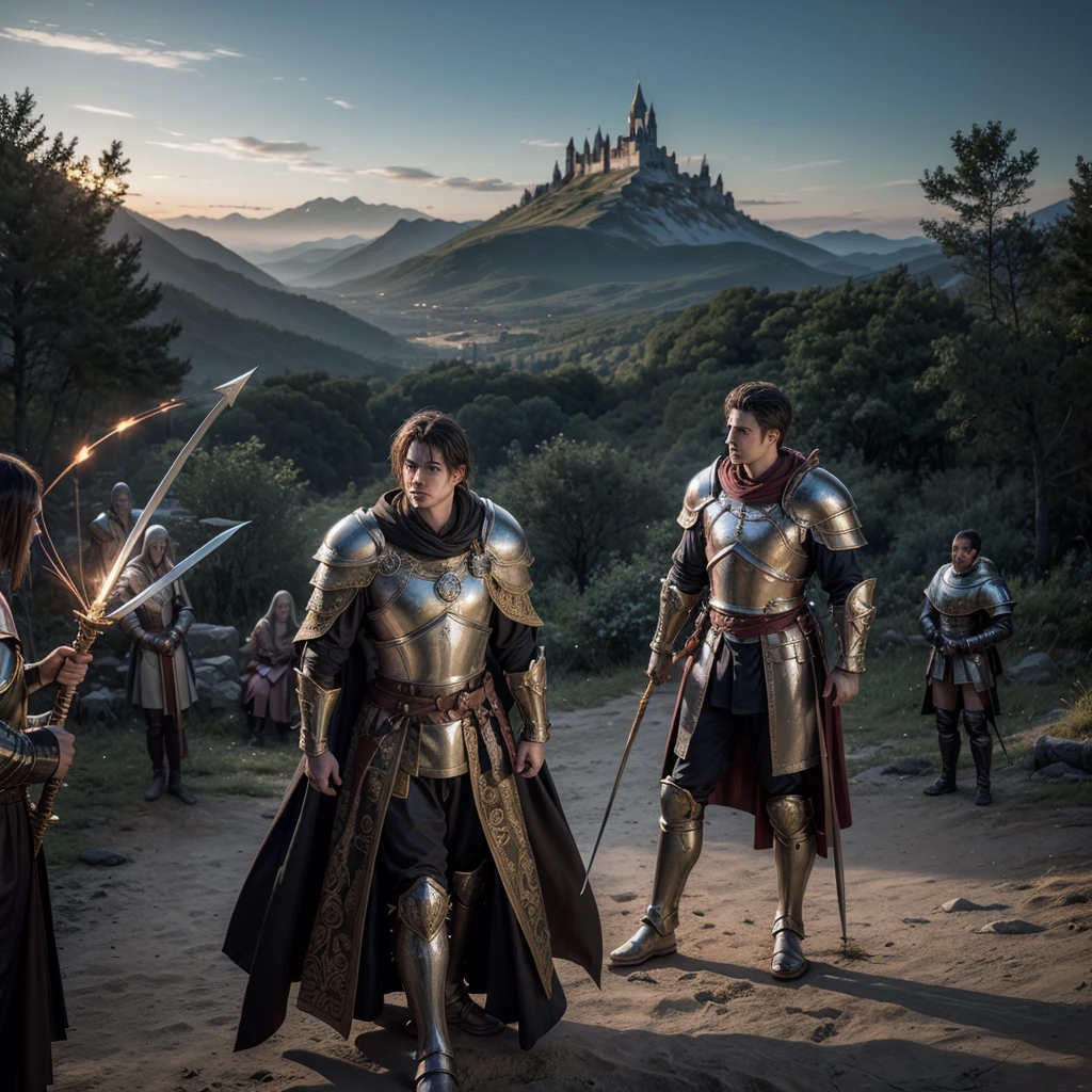 Create an epic image depicting a group of Perfect World characters in a battle scene. At the center, a Warrior clad in heavy plate armor with gold accents, holding a large two-handed sword in an attack position. on your right, an Archer with a longbow ready to fire an arrow, wearing light leather and cloth armor. To the left of the Warrior, a Mage in ornate robes, hands glowing with magical energy, ready to cast a powerful spell. Behind them, a Cleric with medium metal and leather armor, holding a sacred staff, ready to heal and protect his allies. Ao fundo, a fantastic landscape with mountains, forests and a dramatic sky, with the presence of mystical creatures and ancient ruins.