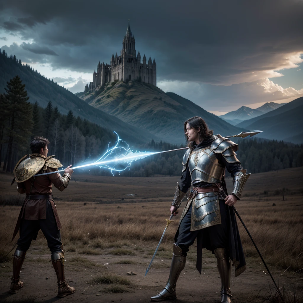 Create an epic image depicting a group of Perfect World characters in a battle scene. At the center, a Warrior clad in heavy plate armor with gold accents, holding a large two-handed sword in an attack position. on your right, an Archer with a longbow ready to fire an arrow, wearing light leather and cloth armor. To the left of the Warrior, a Mage in ornate robes, hands glowing with magical energy, ready to cast a powerful spell. Behind them, a Cleric with medium metal and leather armor, holding a sacred staff, ready to heal and protect his allies. Ao fundo, a fantastic landscape with mountains, forests and a dramatic sky, with the presence of mystical creatures and ancient ruins.
