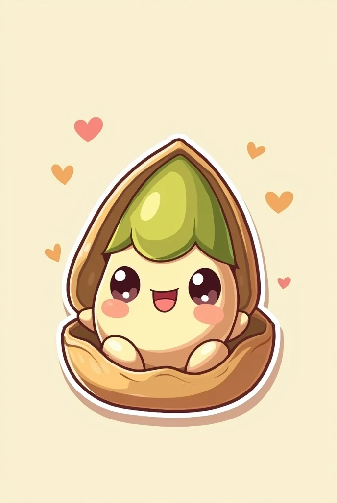 An image of a pistachio inside the shell adorable for sticker, less realistic and with smaller eyes, and of better quality.