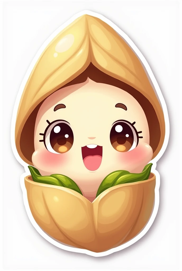 An image of a pistachio inside the shell adorable for sticker, less realistic and with smaller eyes, and of better quality.