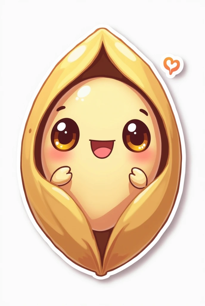 An image of a pistachio inside the shell adorable for sticker, less realistic and with smaller eyes, and of better quality.