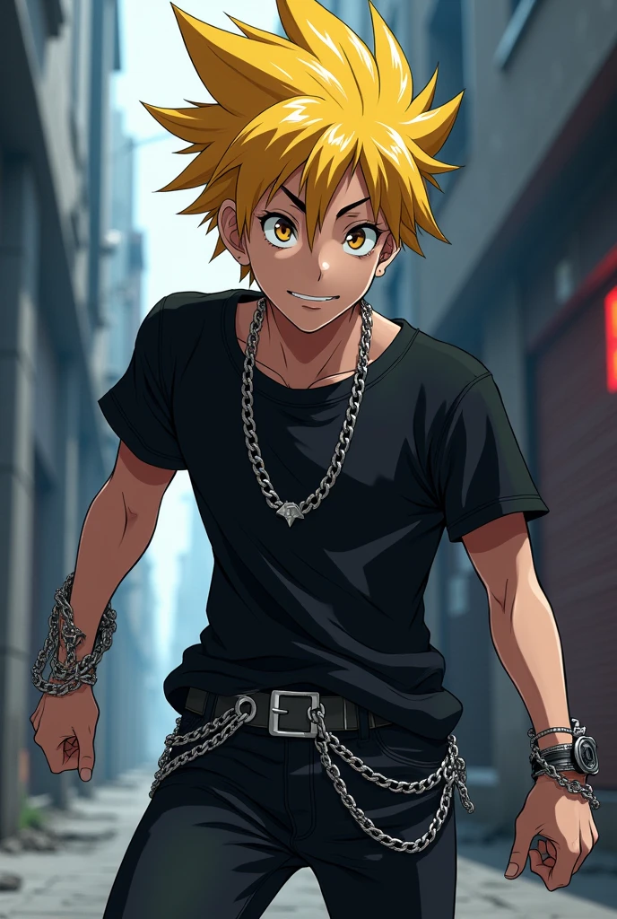  male anime character with yellow hair, black shirt, black pants, and chains 
