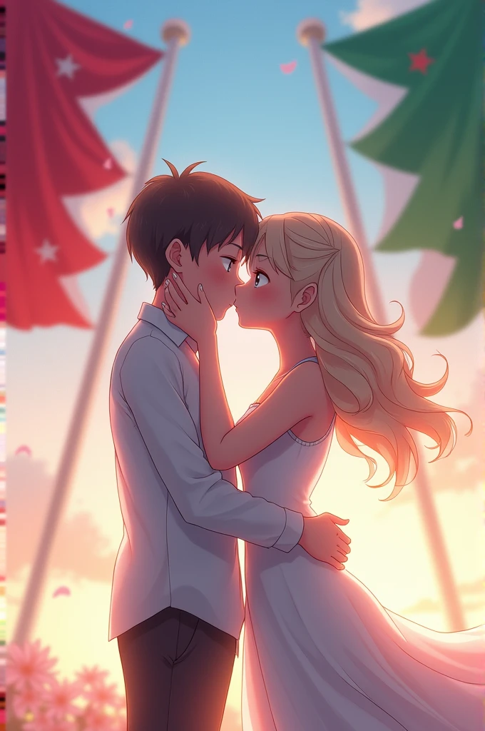 Anime kids kissing bahrain flags