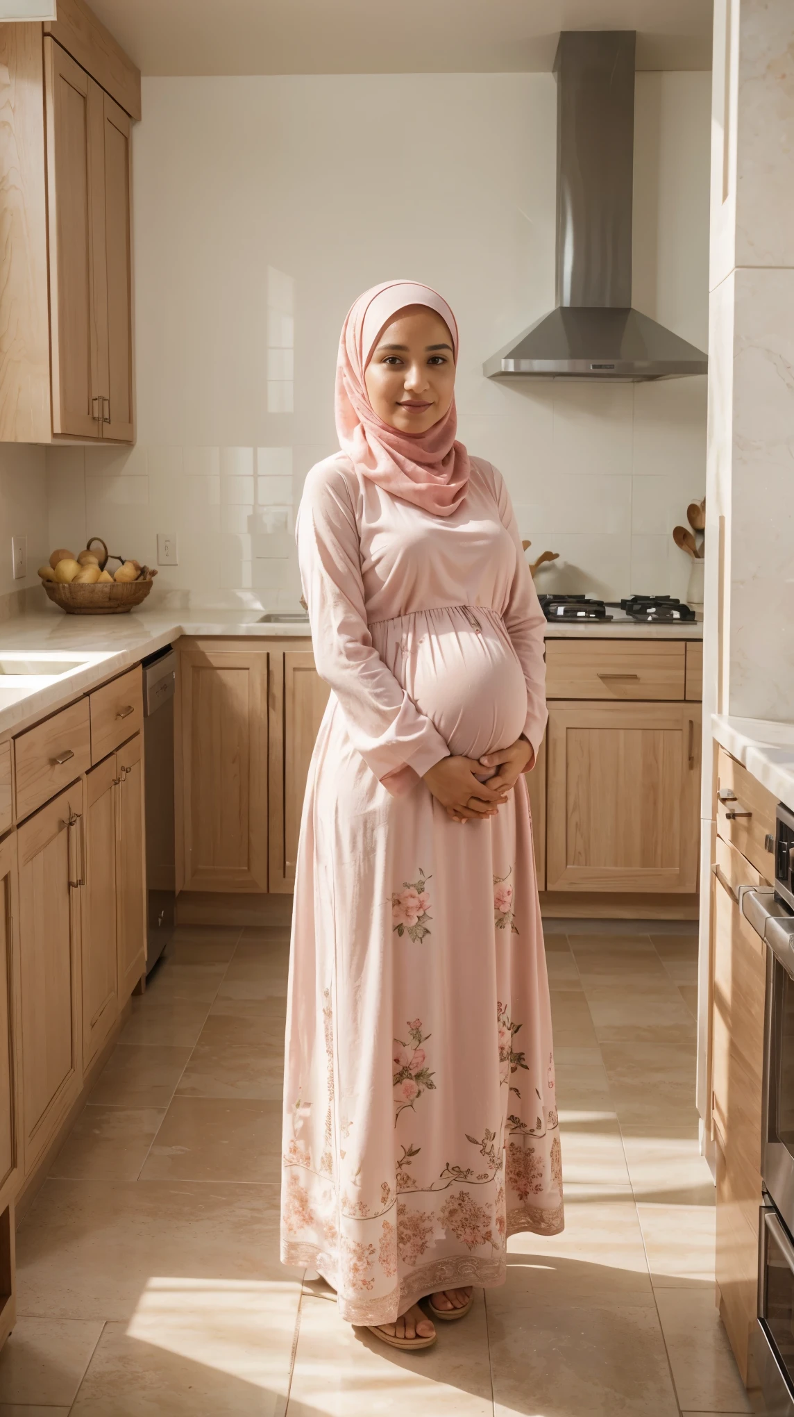 A pregnant muslim housewife in pink floral maxi dress, white hijab, standing in kitchen, looking to camera, photography,cozy atmosphere, morning scene,tranquil surroundings,serene expression,feminine gesture, peaceful environment,pleasant weather,blissful ambiance,textured fabrics,exquisite detailing,loose hijab,cute clothing style,serene expression,joyful atmosphere,sunny day,bright and cheerful,face to viewer,body facing to viewer,full body portrait,tall background