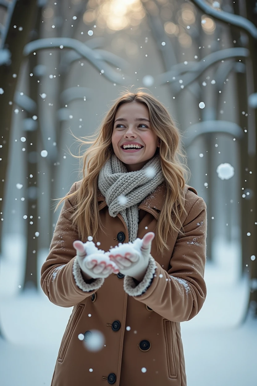 "In a snow-covered forest in winter, a moment when a young and beautiful woman is playing snowballs in a thick coat. A detailed photo of natural light filtering through the trees with sparkles on the snow."

