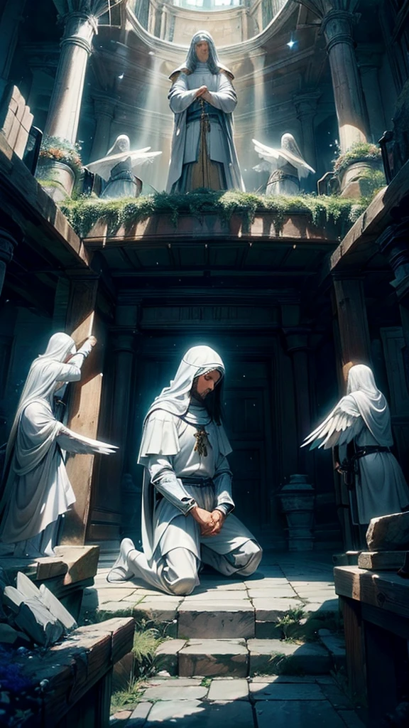 A medieval knight kneeling at the feet of Jesus Christ, dressed all in white, the heavens opened with a horde of angels